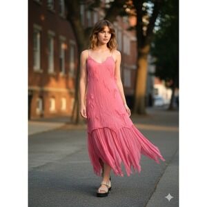 Saza USA Pink Floral 90 Applique Strappy Midi Dress Flounce Hem Size Small